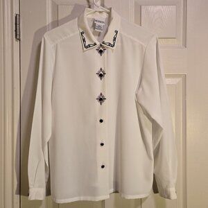 KORET Vintage Grandmacore White w/ Black Embroidered Trim Blouse, Women's 10